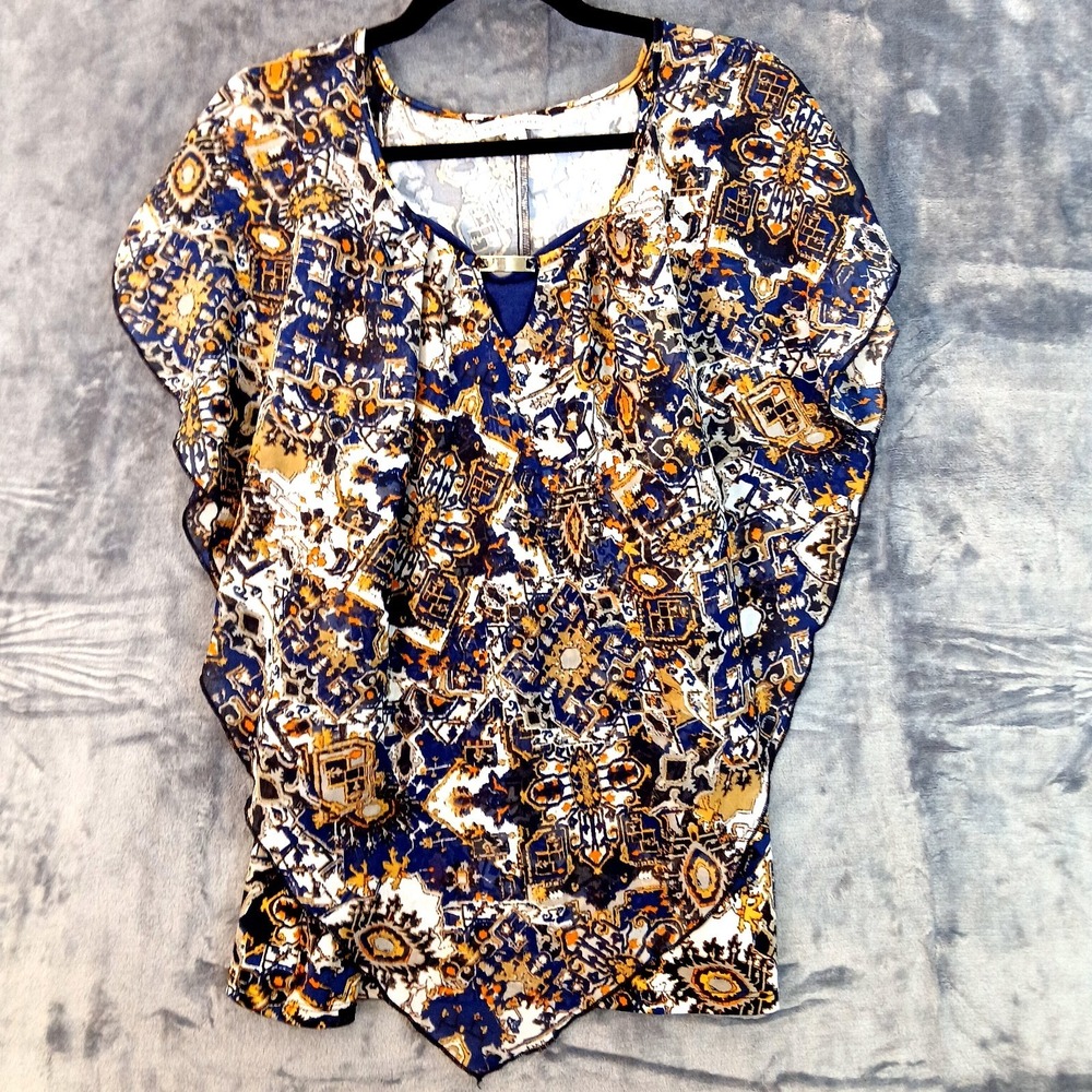 Notations Shirt Womens Medium Boho Floral Abstract Print Keyhole Blouse Top